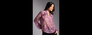 Pink and Purple Paisley V Neck Bishop Sleeves Ruffled Top - Thumbnail