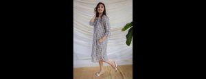 Women Checked A-Line Cotton Dress - Thumbnail