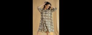 Women Checked Shirt Collar A-Line Dress - Thumbnail