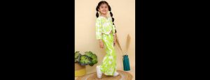 Girls Printed V-Neck Pure Cotton Top With Palazzos - Thumbnail