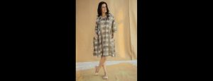 Women Checked Shirt Collar A-Line Dress - Thumbnail